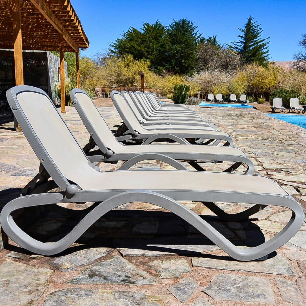 tumbona omega color taupe frente a una piscina en San Pedro de atacama